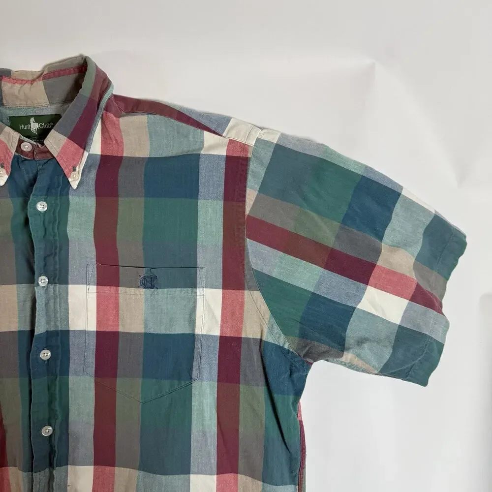 Hunt Club Men's Multicolor Plaid Woven Cotton Button-Up Shirt‎ Short Sleeve L
